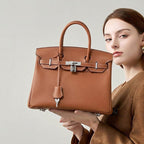 Women’s Full-Grain Leather Top Handle Bag In Silver Lock Closure