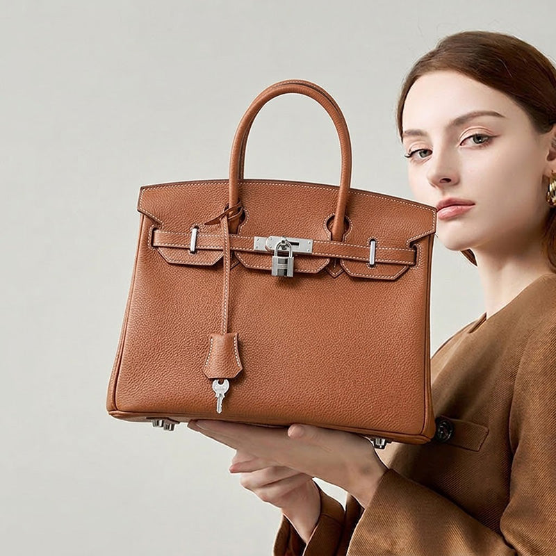 Women’s Full-Grain Leather Top Handle Bag In Silver Lock Closure