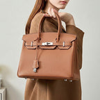 Women’s Full-Grain Leather Top Handle Bag In Silver Lock Closure