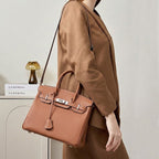 Women’s Full-Grain Leather Top Handle Bag In Silver Lock Closure
