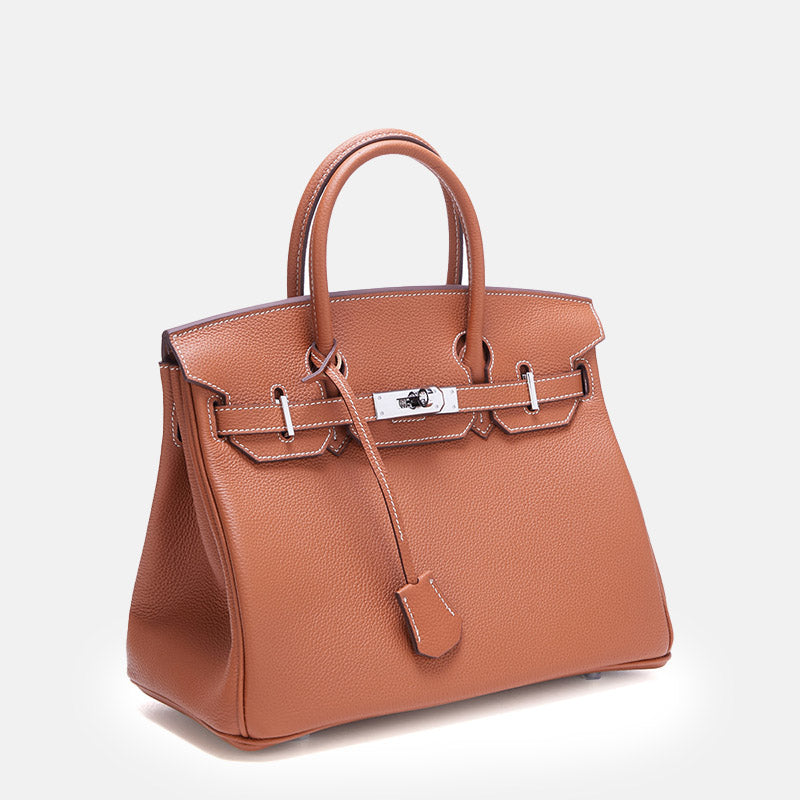 Women’s Full-Grain Leather Top Handle Bag In Silver Lock Closure