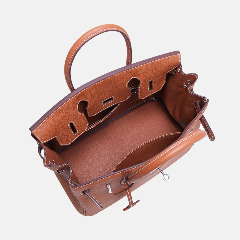 Women’s Full-Grain Leather Top Handle Bag In Silver Lock Closure
