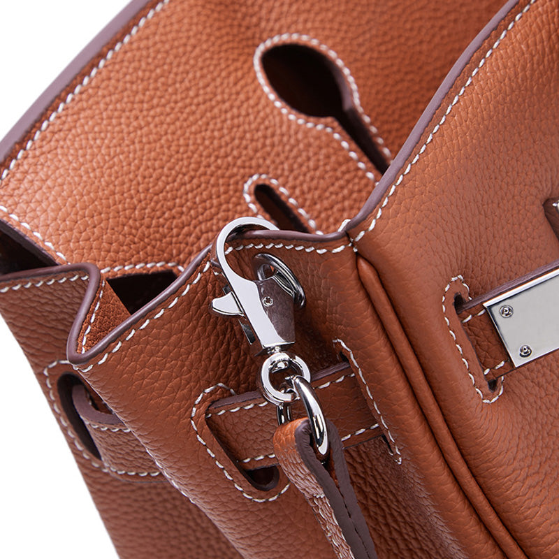 Women’s Full-Grain Leather Top Handle Bag In Silver Lock Closure