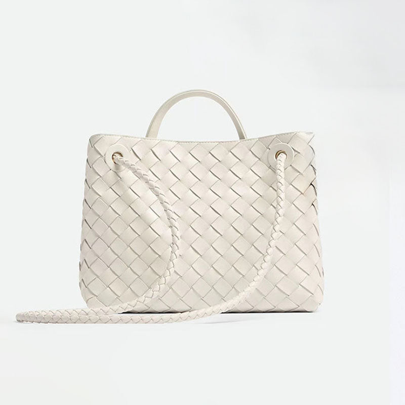 Women’s Woven Leather Crossbody Top Handle Bag with Diamond Pattern