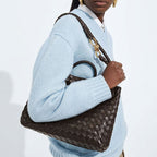Women’s Woven Leather Crossbody Top Handle Bag with Diamond Pattern