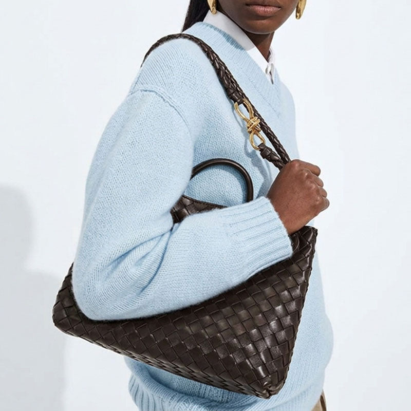 Women’s Woven Leather Crossbody Top Handle Bag with Diamond Pattern