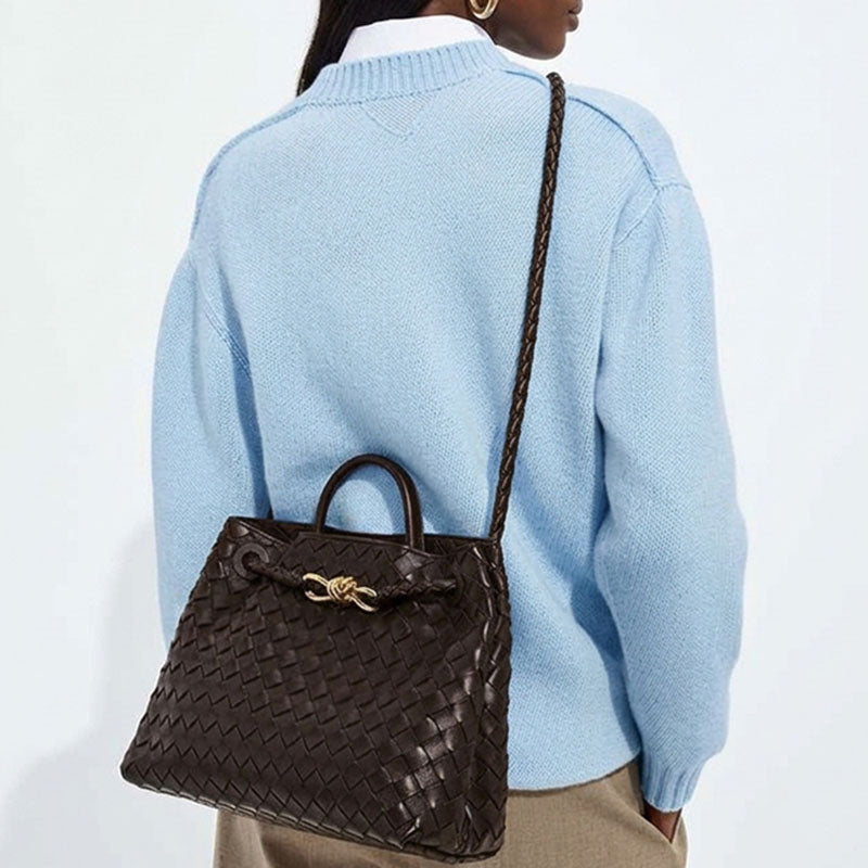 Women’s Woven Leather Crossbody Top Handle Bag with Diamond Pattern