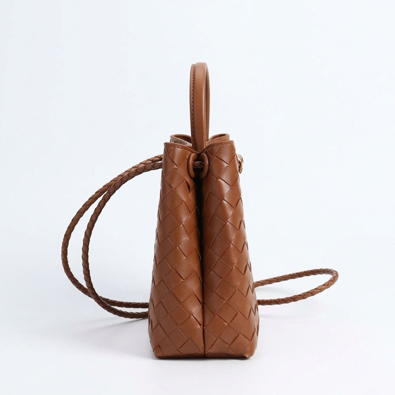 Women’s Woven Leather Crossbody Top Handle Bag with Diamond Pattern