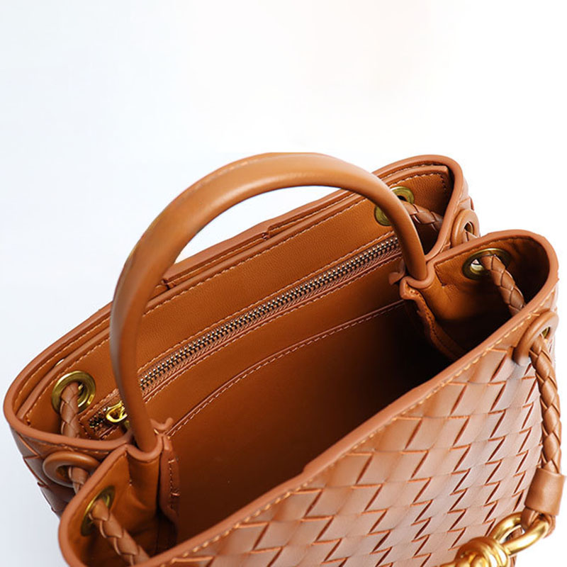 Women’s Woven Leather Crossbody Top Handle Bag with Diamond Pattern