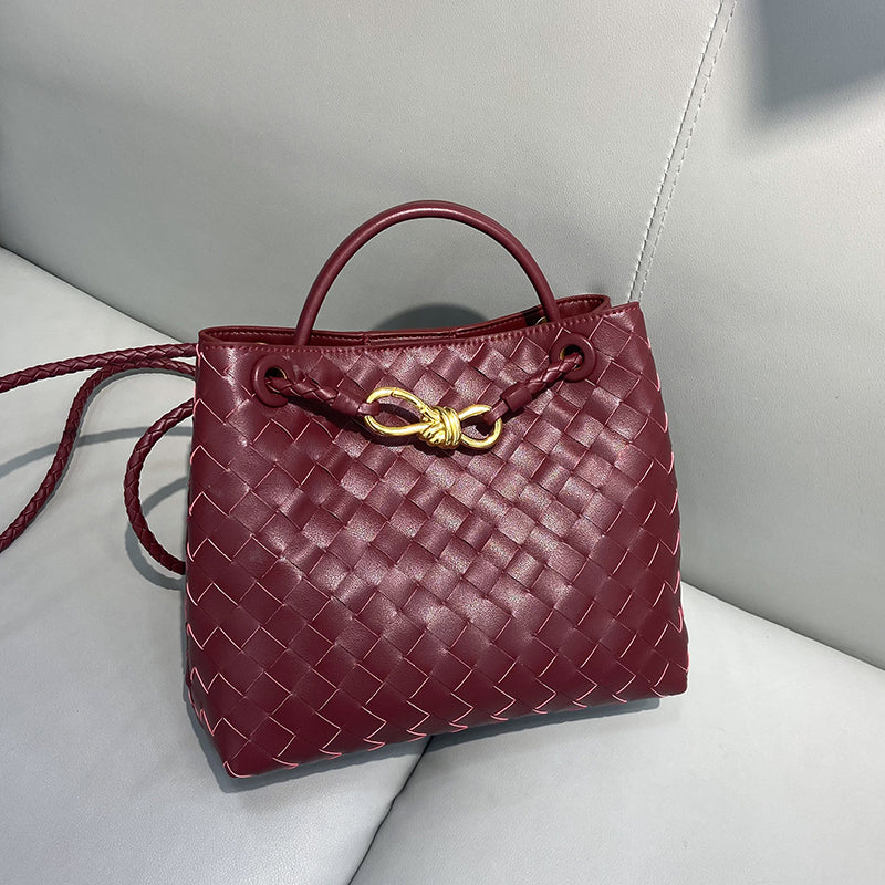 Women’s Woven Leather Crossbody Top Handle Bag with Diamond Pattern