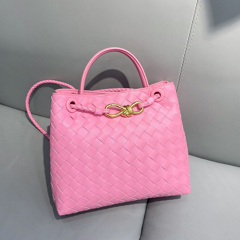 Women’s Woven Leather Crossbody Top Handle Bag with Diamond Pattern