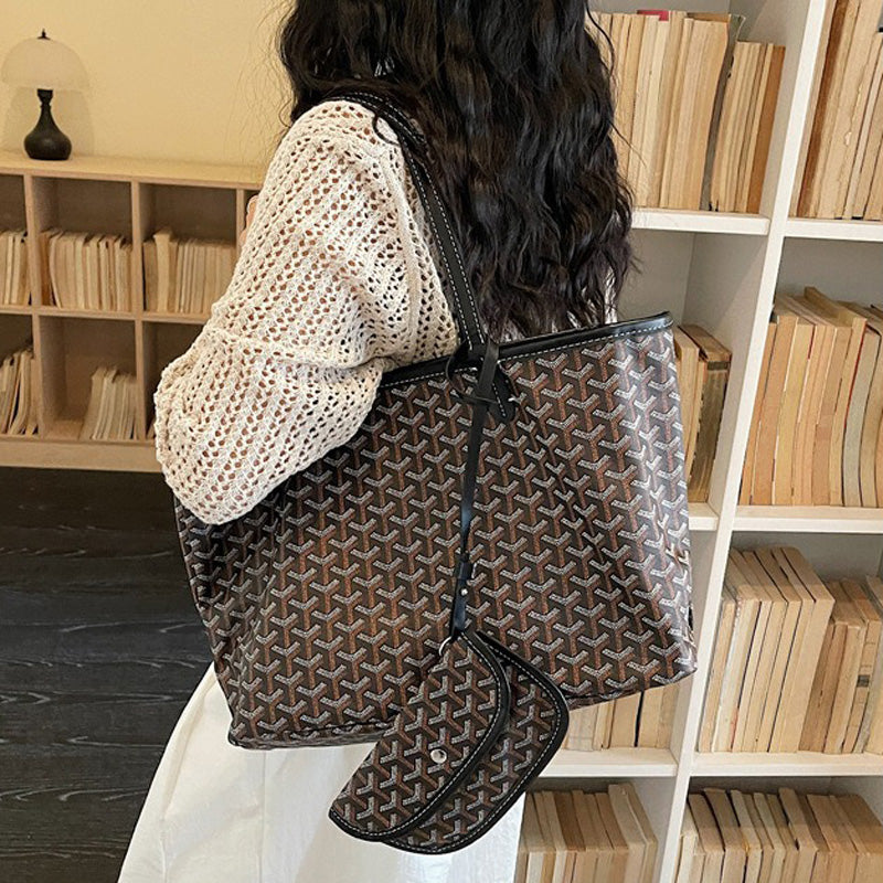 Women’s Split Leather PVC Canvas Geometric Printed Tote Bag