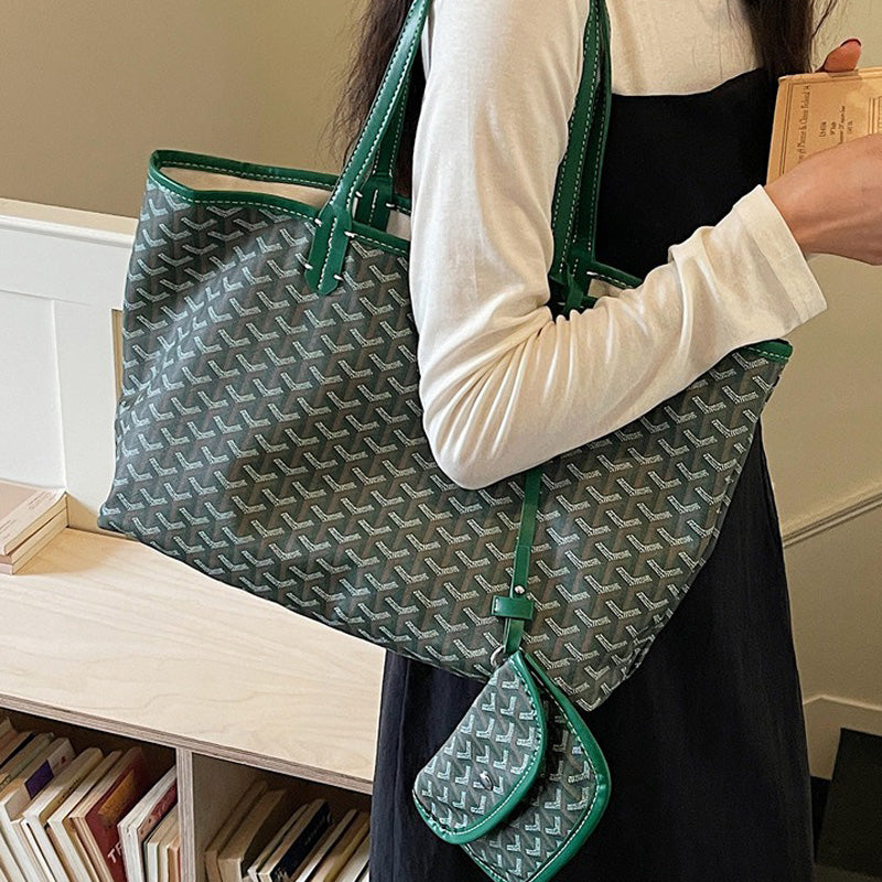 Women’s Split Leather PVC Canvas Geometric Printed Tote Bag