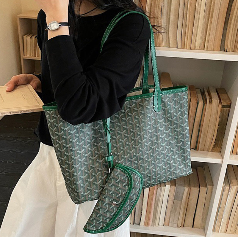 Women’s Split Leather PVC Canvas Geometric Printed Tote Bag