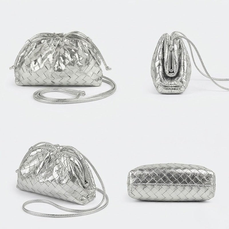 Women’s Mini Woven Evening Clutch Bags in Metallic Vegan Leather