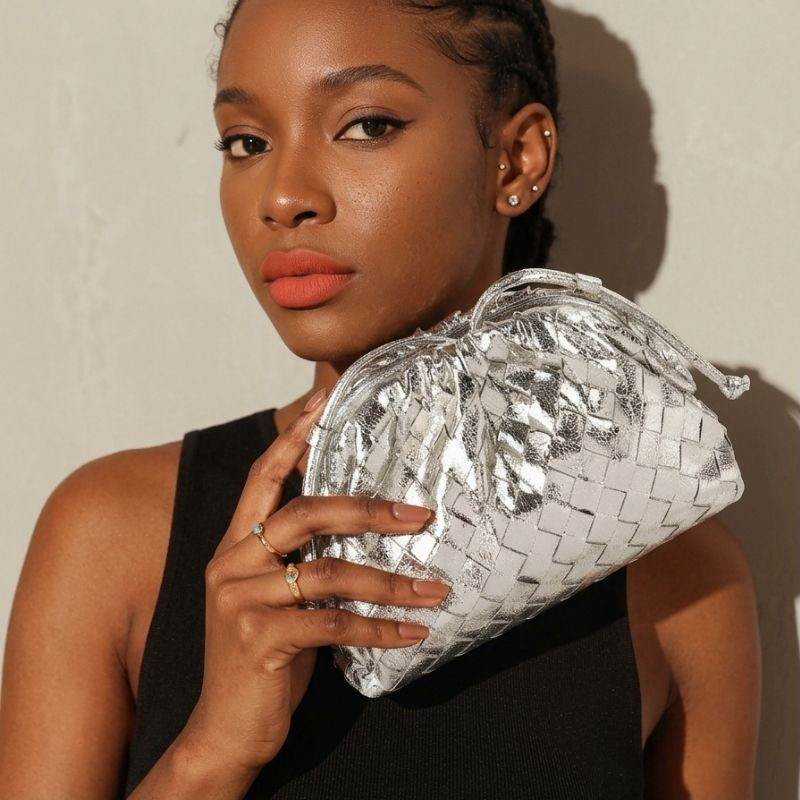 Women’s Mini Woven Evening Clutch Bags in Metallic Vegan Leather