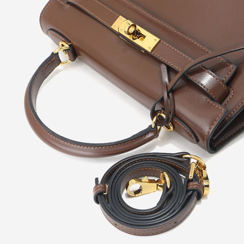 Women’s Vintage Glossy Split Leather Shoulder Strap Top Handle Bag In Gold Hardware