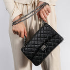 Women’s Quilted Leather Flap Lock Clasp Crossbody Shoulder Chain Bags In Black