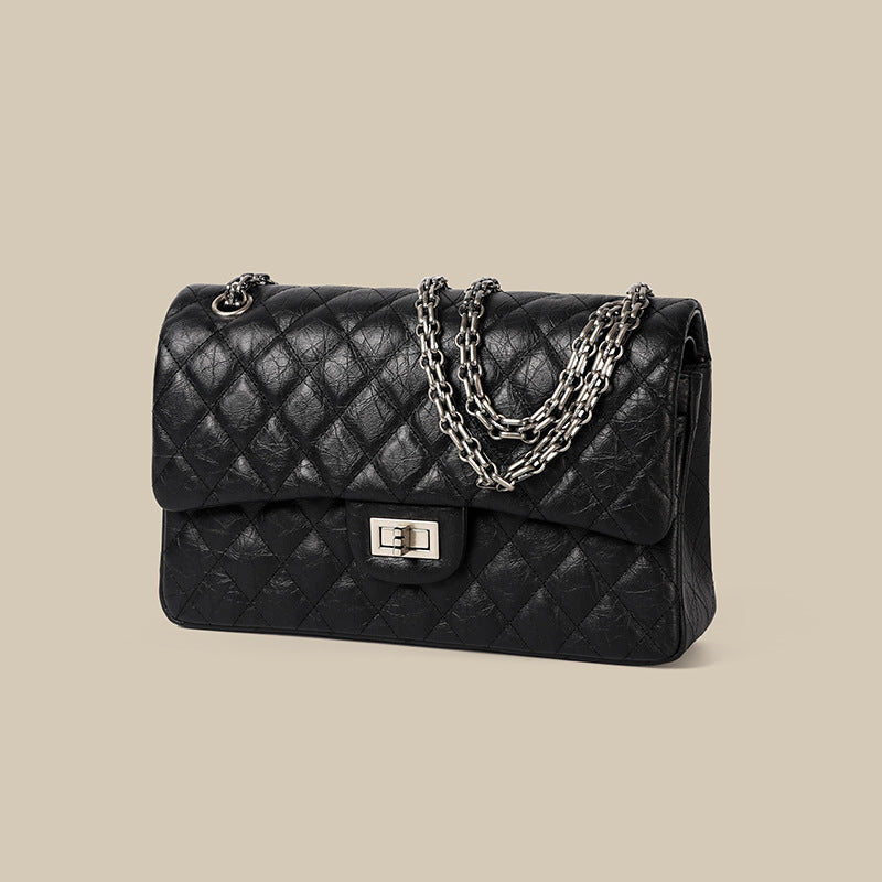 Women’s Quilted Leather Flap Lock Clasp Crossbody Shoulder Chain Bags In Black