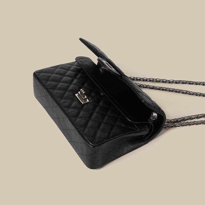 Women’s Quilted Leather Flap Lock Clasp Crossbody Shoulder Chain Bags In Black