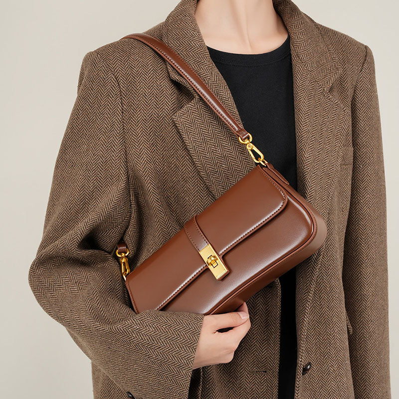 Women’s Genuine Leather Lock Buckle Crossbody Shoulder Baguette Bag In Vintage