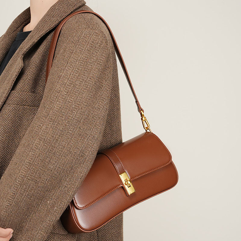 Women’s Genuine Leather Lock Buckle Crossbody Shoulder Baguette Bag In Vintage