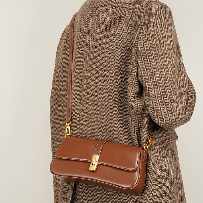 Women’s Genuine Leather Lock Buckle Crossbody Shoulder Baguette Bag In Vintage