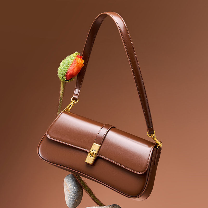 Women’s Genuine Leather Lock Buckle Crossbody Shoulder Baguette Bag In Vintage