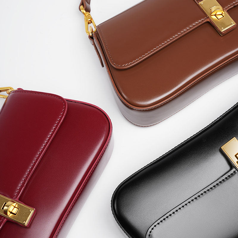 Women’s Genuine Leather Lock Buckle Crossbody Shoulder Baguette Bag In Vintage