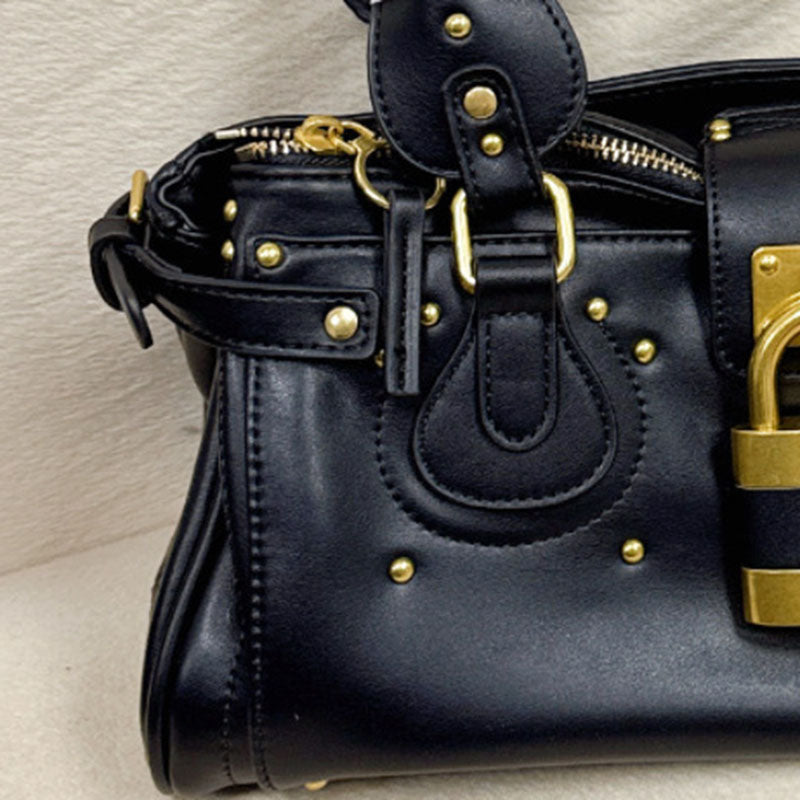 Women’s Vegan Leather Studs Boston Handbag with Large Lock