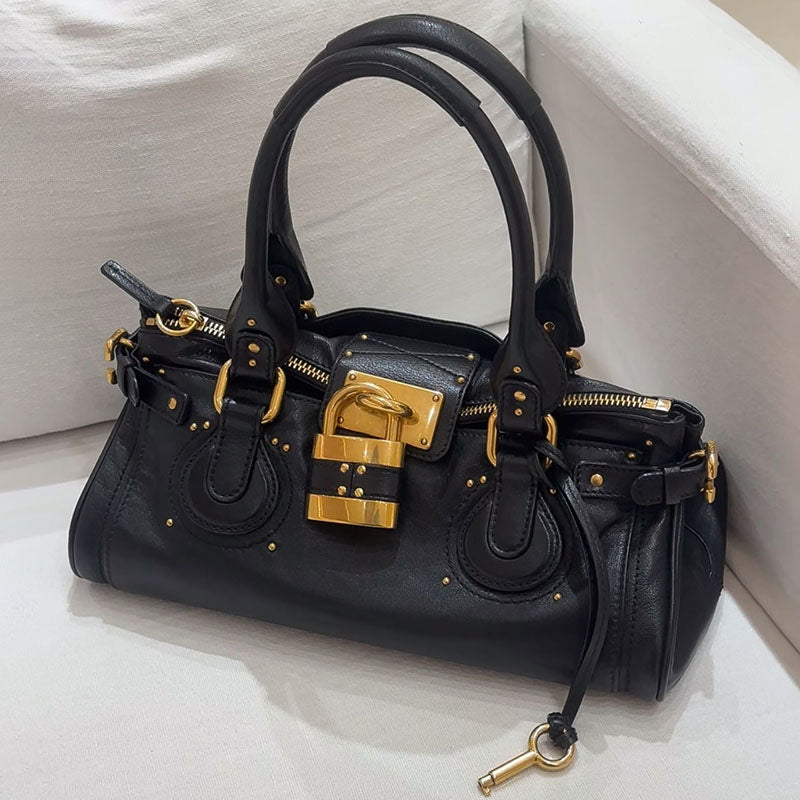 Women’s Vegan Leather Studs Boston Handbag with Large Lock