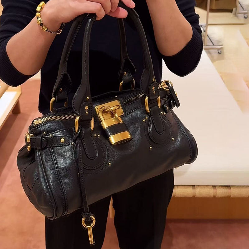 Women’s Vegan Leather Studs Boston Handbag with Large Lock