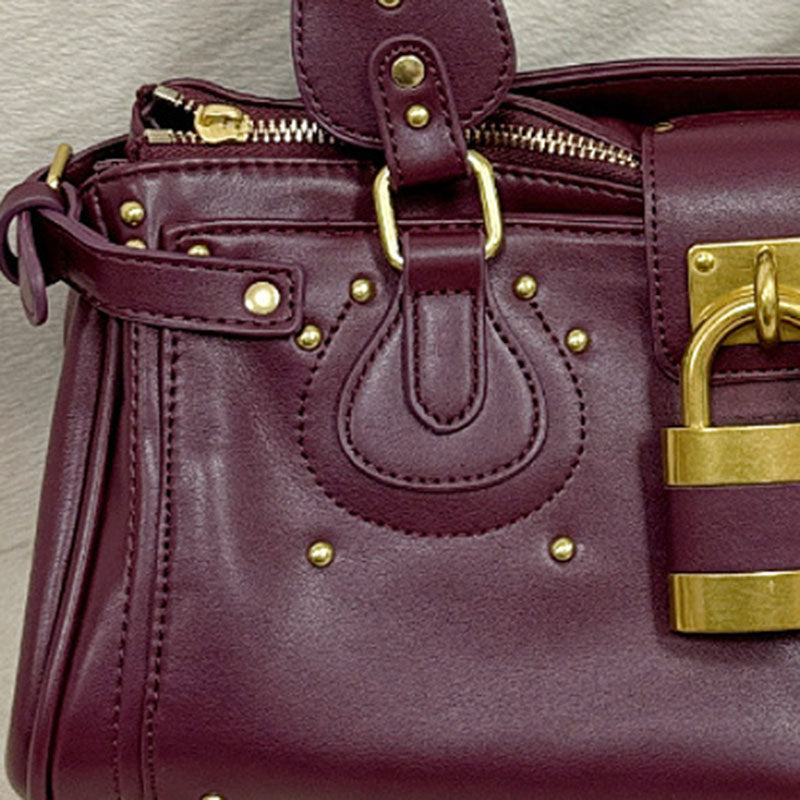 Women’s Vegan Leather Studs Boston Handbag with Large Lock