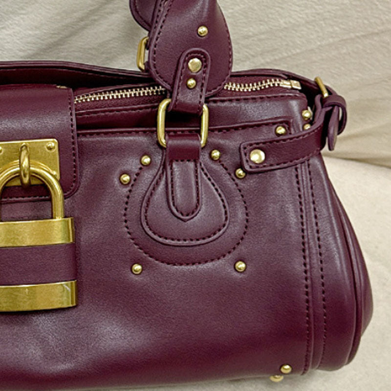 Women’s Vegan Leather Studs Boston Handbag with Large Lock