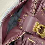 Women’s Vegan Leather Studs Boston Handbag with Large Lock