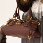 Women’s Vegan Leather Studs Boston Handbag with Large Lock
