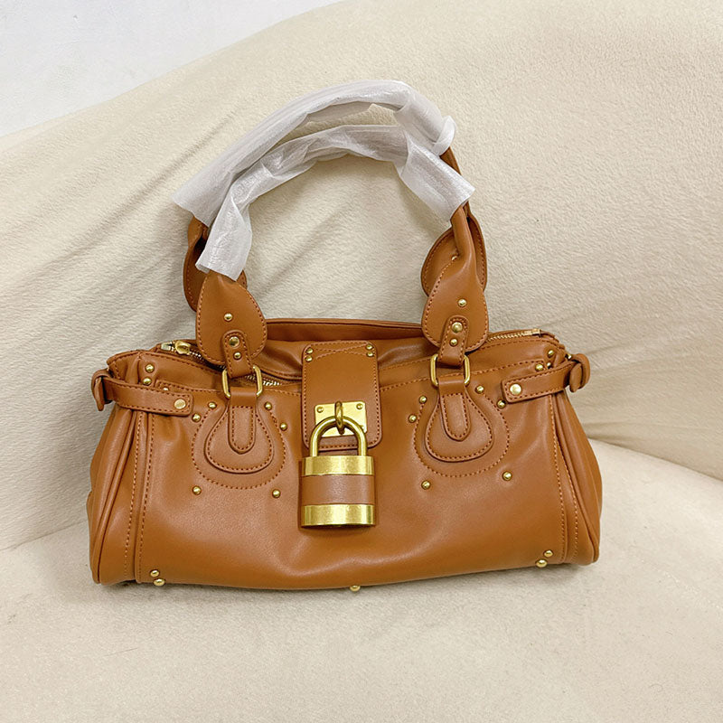 Women’s Vegan Leather Studs Boston Handbag with Large Lock