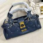 Women’s Vegan Leather Studs Boston Handbag with Large Lock