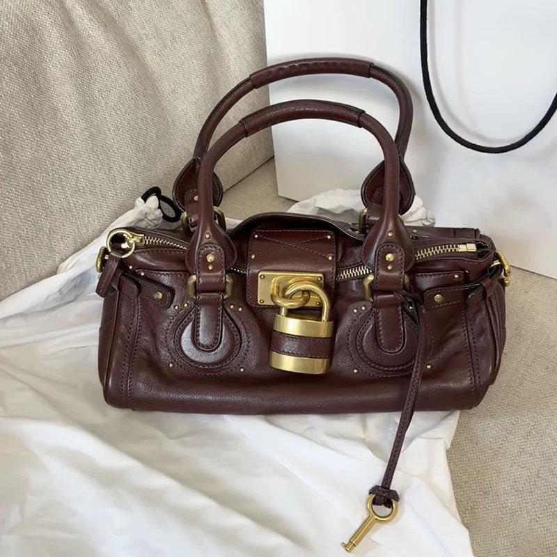 Women’s Vegan Leather Studs Boston Handbag with Large Lock