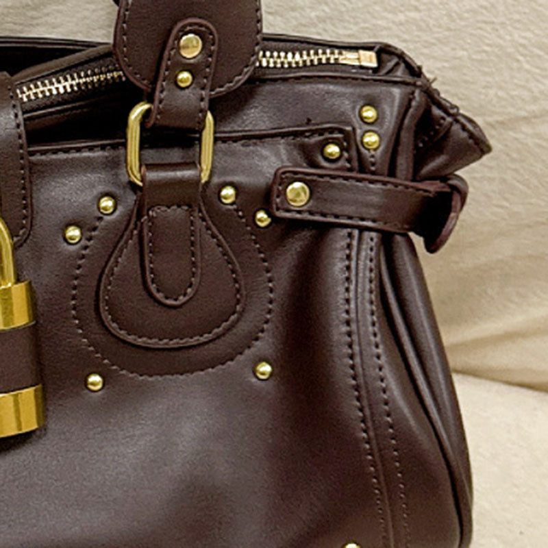 Women’s Vegan Leather Studs Boston Handbag with Large Lock