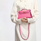 Women’s Ostrich Embossed Full-Grain Leather Turn Lock Top Handle Bag with Crossbody Shoulder Strap