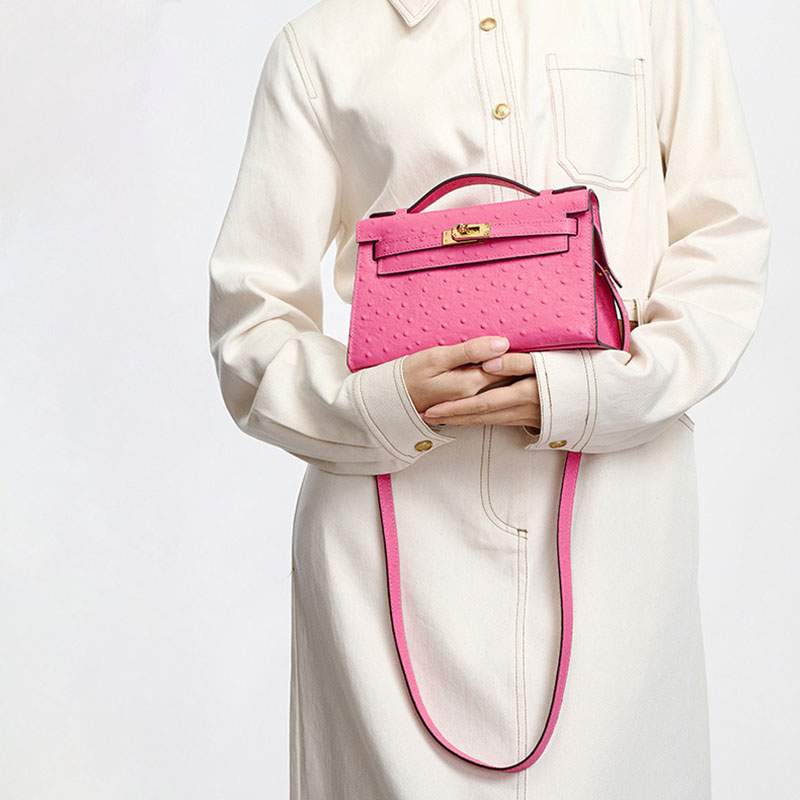 Women’s Ostrich Embossed Full-Grain Leather Turn Lock Top Handle Bag with Crossbody Shoulder Strap