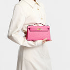Women’s Ostrich Embossed Full-Grain Leather Turn Lock Top Handle Bag with Crossbody Shoulder Strap