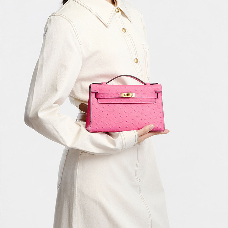 Women’s Ostrich Embossed Full-Grain Leather Turn Lock Top Handle Bag with Crossbody Shoulder Strap