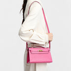 Women’s Ostrich Embossed Full-Grain Leather Turn Lock Top Handle Bag with Crossbody Shoulder Strap