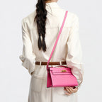 Women’s Ostrich Embossed Full-Grain Leather Turn Lock Top Handle Bag with Crossbody Shoulder Strap