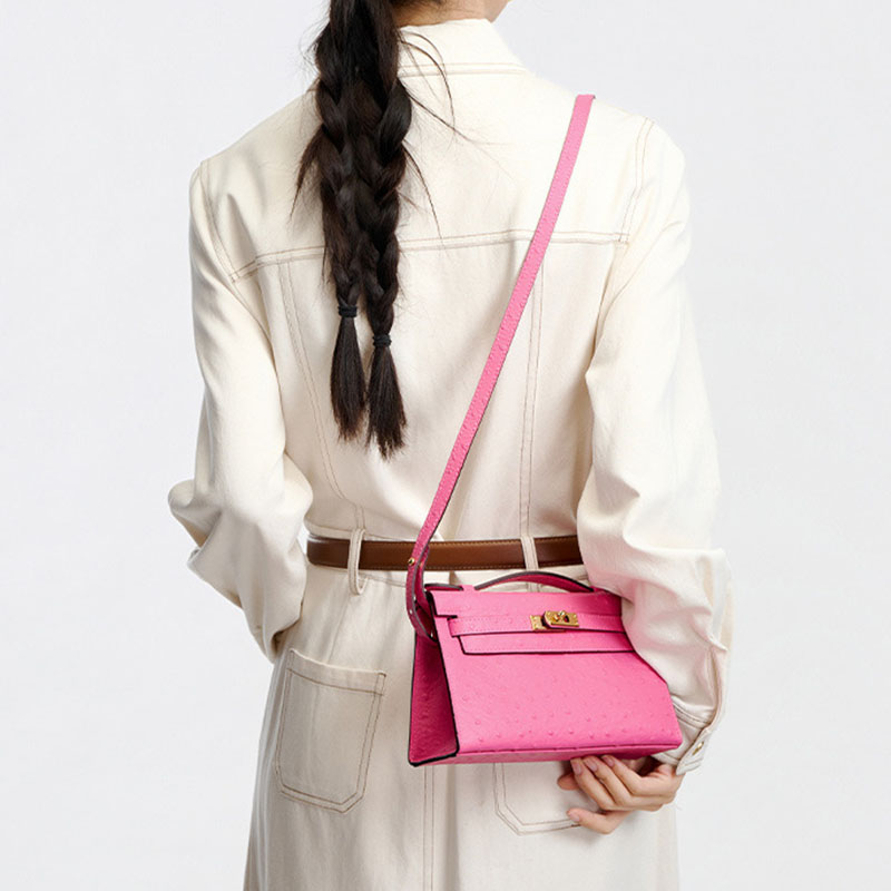 Women’s Ostrich Embossed Full-Grain Leather Turn Lock Top Handle Bag with Crossbody Shoulder Strap