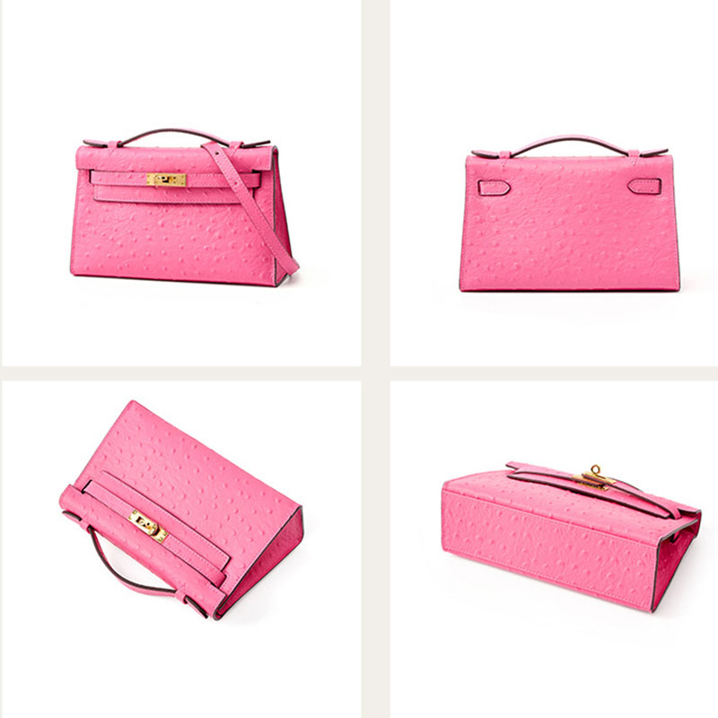 Women’s Ostrich Embossed Full-Grain Leather Turn Lock Top Handle Bag with Crossbody Shoulder Strap
