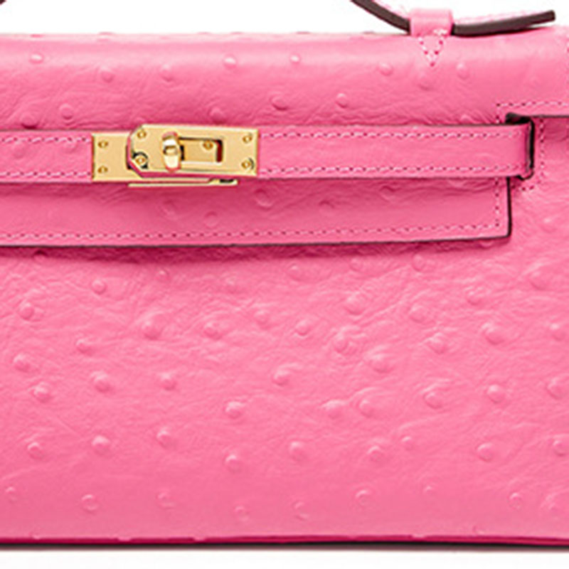 Women’s Ostrich Embossed Full-Grain Leather Turn Lock Top Handle Bag with Crossbody Shoulder Strap