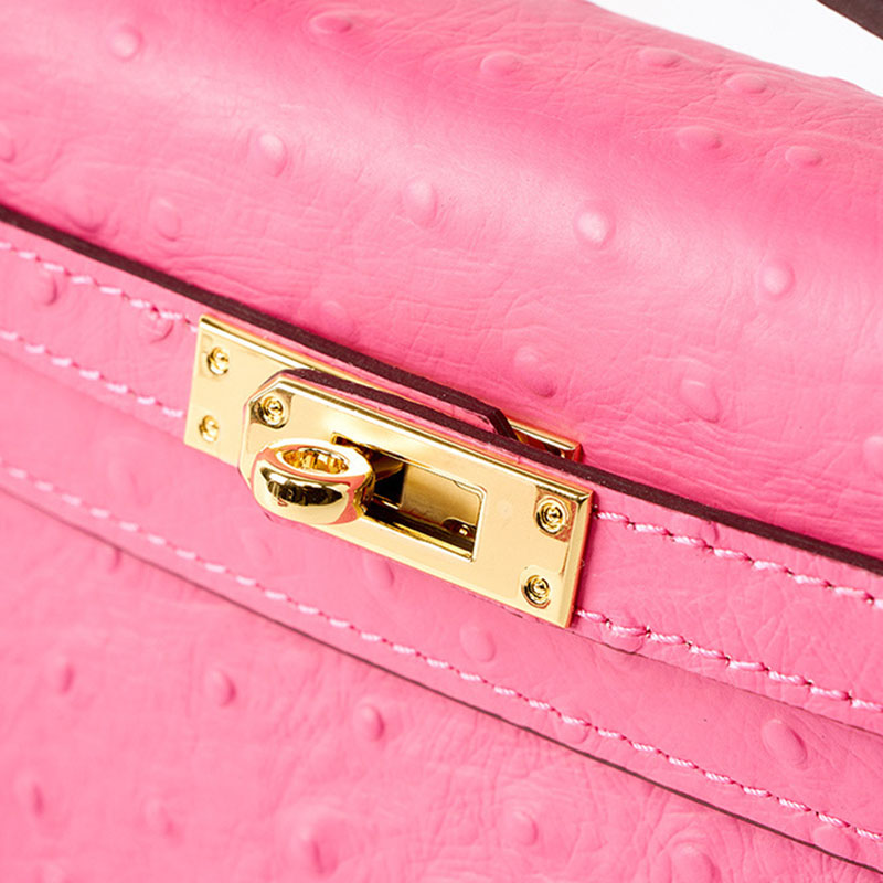 Women’s Ostrich Embossed Full-Grain Leather Turn Lock Top Handle Bag with Crossbody Shoulder Strap